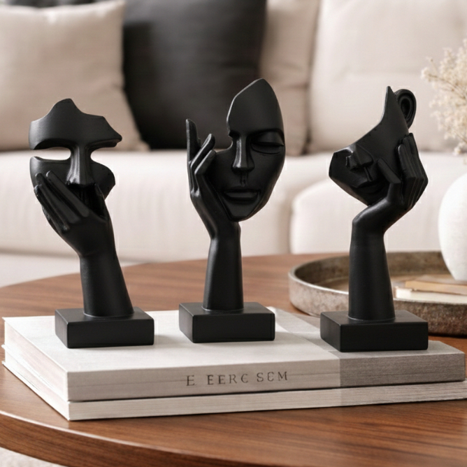 Kit Trio Esculturas de Rosto Pensador Abstrato 3D Minimalista Luxo Decoração Moderna Sala Escritório