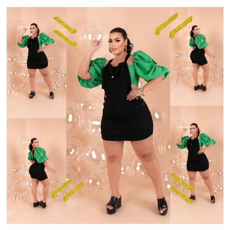 Jardineira Short Saia Plus Size Cintura Alta Com laycra acaquinho Curto Plus Size Moda Verão