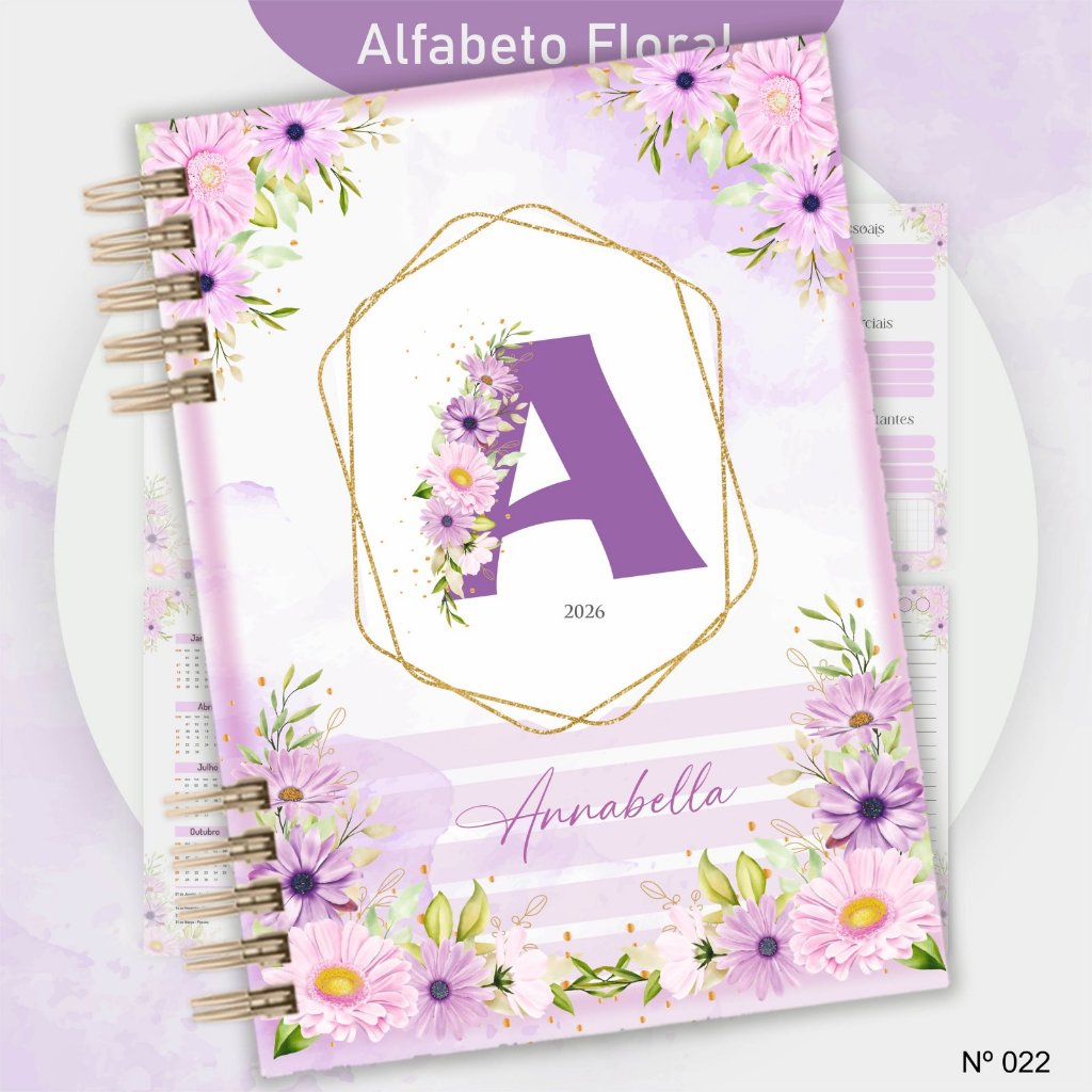 Caderno Alfabeto Floral Lilás Personalizado - Capa dura Laminada - 200 páginas