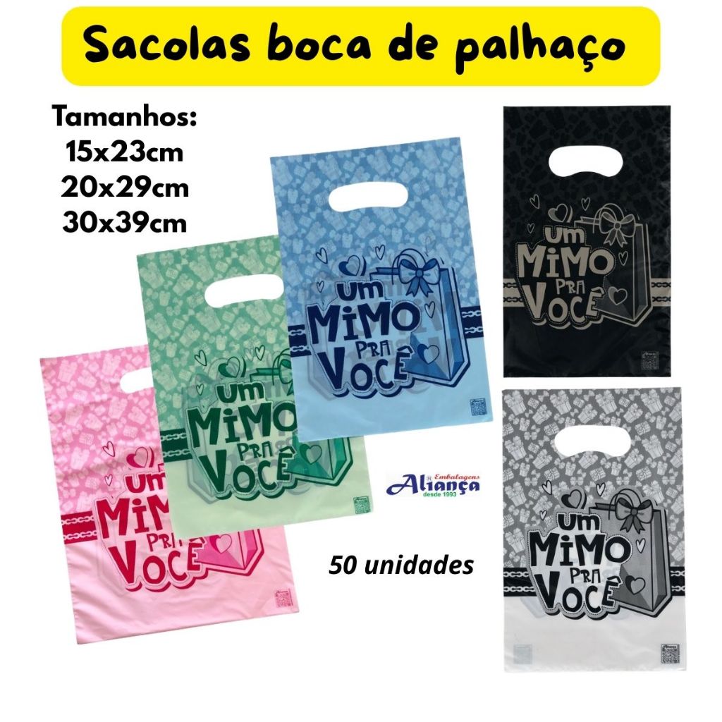 50 Sacolas Boca de Palhaço 0,8 Tema Um Mimo Pra Você embalagem para presente sacolas para lojas em Oferta na Shopee