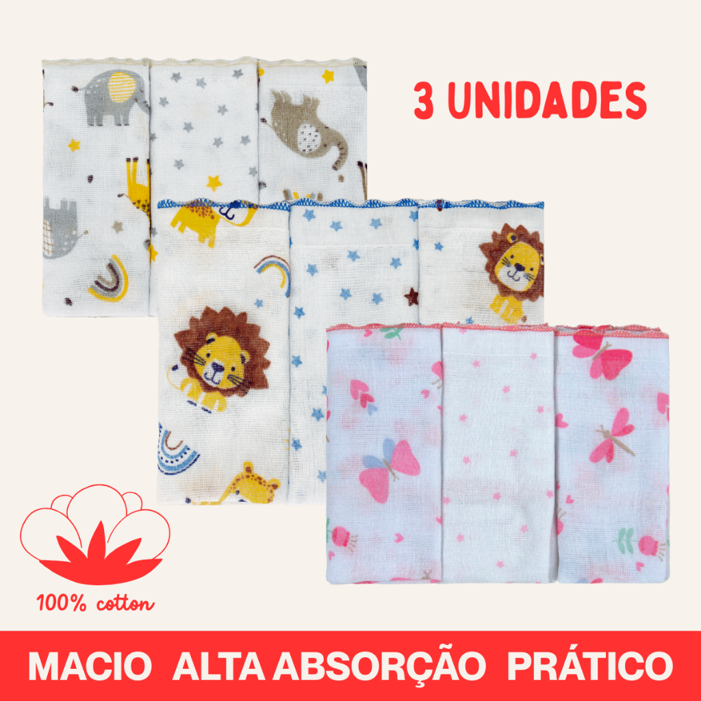 Kit Pano Paninho de Boca 3 unidades 100% Algodão Bublim Incomfral em Oferta na Shopee