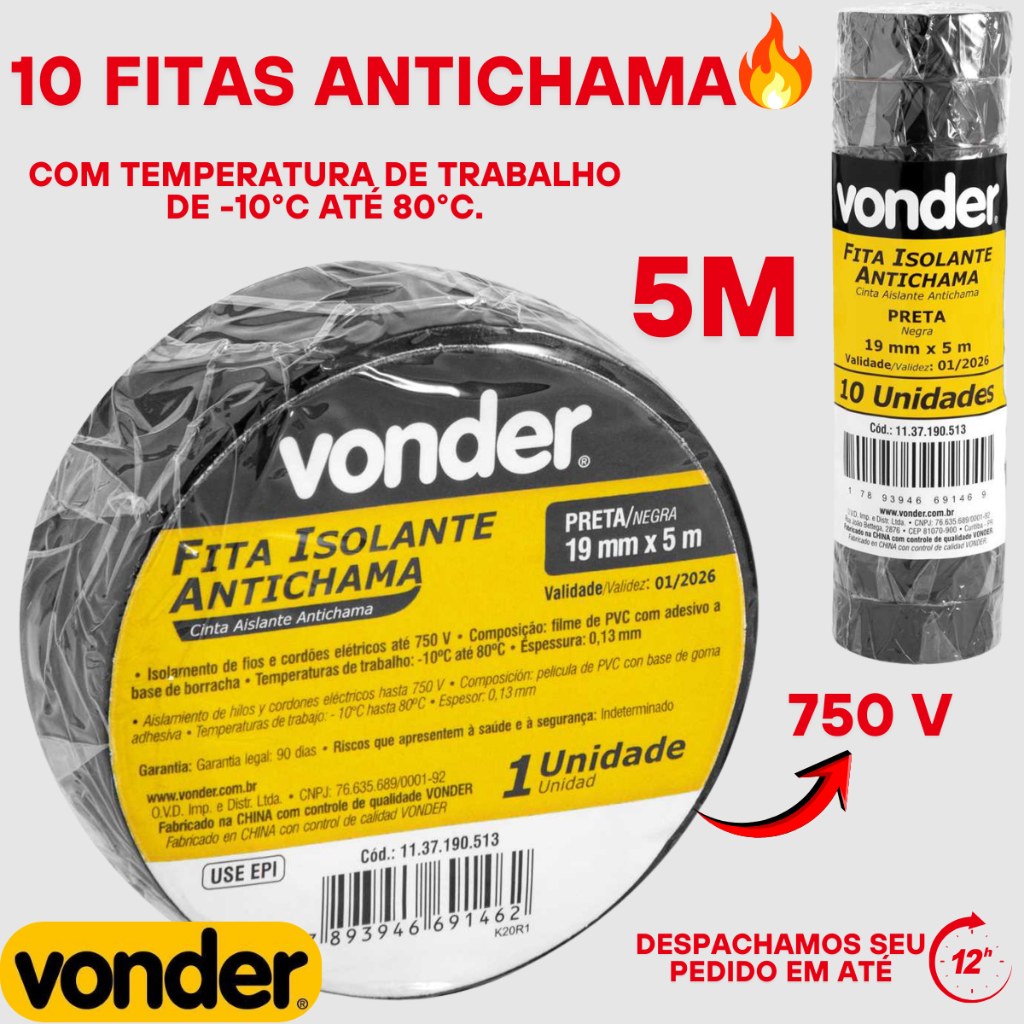 Oferta de 1 até 10 Fita Isolante Antichamas Resistente 19mmx5M Vonder Preta Pronta Entrega Envio Rápido em Oferta na Shopee