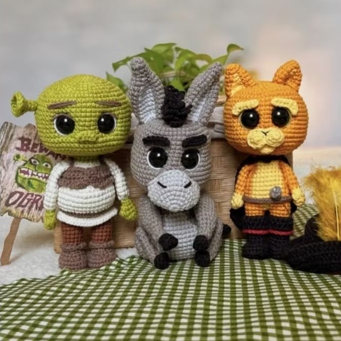 Boneco Pelúcia Shrek e Fiona Amigurumi Gato de Botas Croche