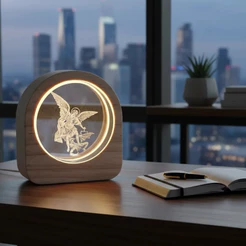 Luminária São Miguel Arcanjo 3D em Cristal USB 8x8cm Luz Suave Para Decorar e Transmitir Paz