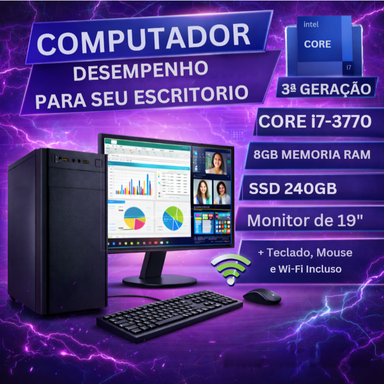 Computador Completo Escritório Intel Core i7 - 8GB de RAM - SSD de 240GB - Monitor de 19" - Mouse - Teclado - Wi-fi