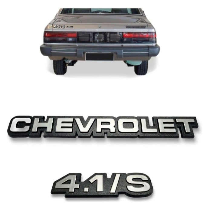 Par Emblema Traseiro Chevrolet 4.1 Opala Caravan 1985 Até 1990 Cinza ou Cromado com Fundo Preto