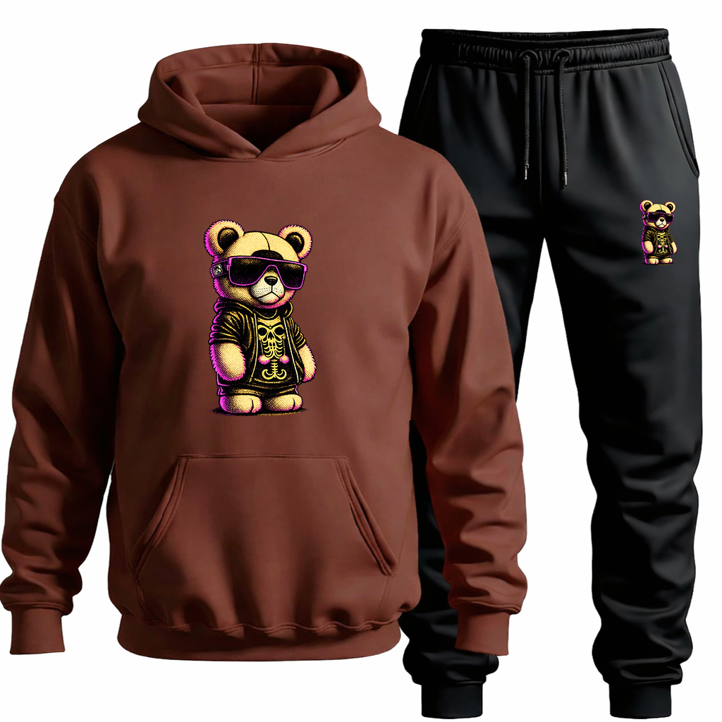 Conjunto Moletom Canguru+Calça Estampa Urso Roqueiro Blusa Agasalho Algodão Flanelado Confortável Passeio Treino