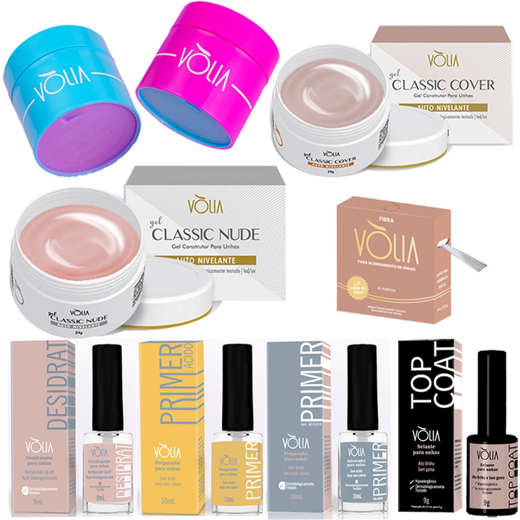 super kit volia 2 géis + preparação top coat + desidrat + primer + fibra produtos para unhas