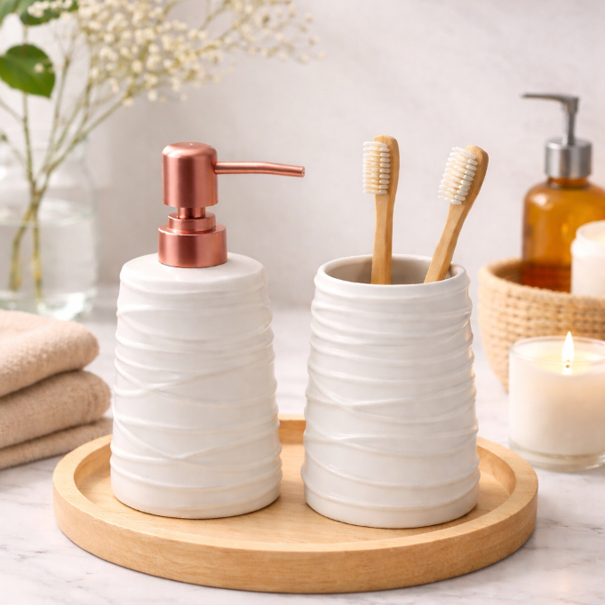 Kit Banheiro Lavabo 2 Peças String Porta Sabonete Líquido Suporte p/Escovas Cerâmica Pump Champagne em Oferta na Shopee