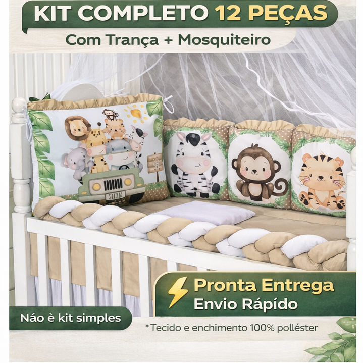 Kit Berço Safari Caqui Padrão Americano Almofadinha 12 Peças Completo em Oferta na Shopee