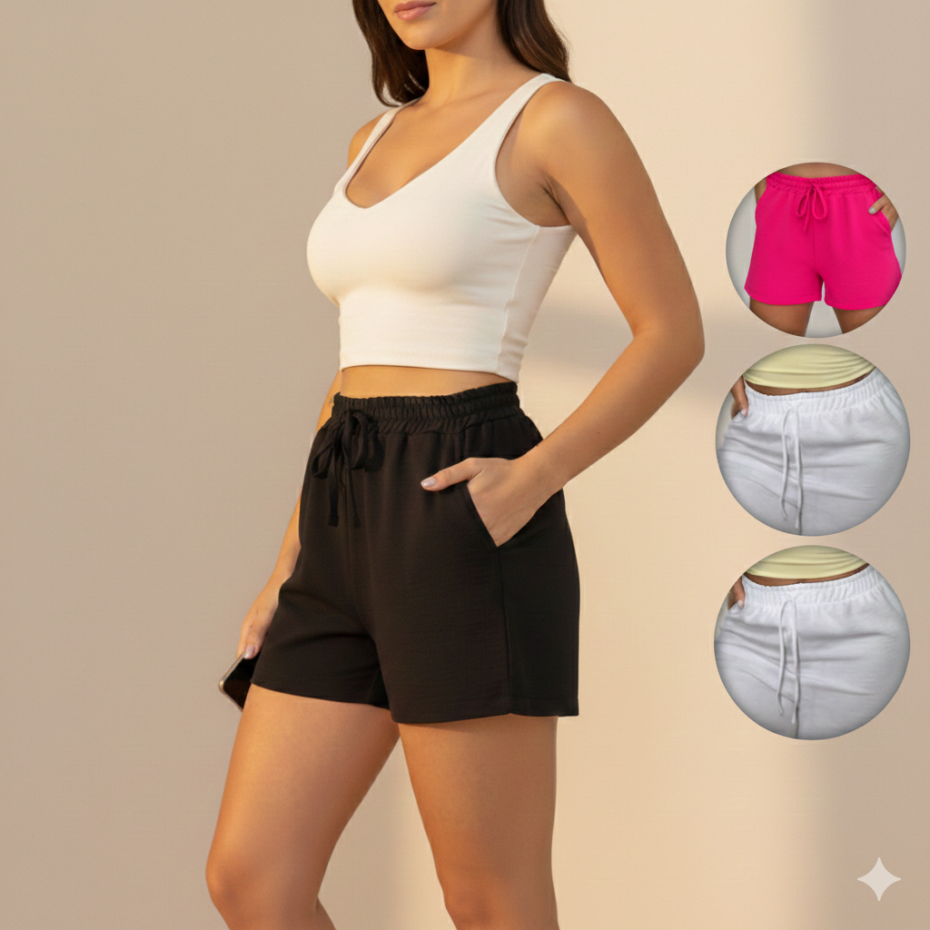 Kit 2 Short Feminino Duna Liso Cintura Alta Confortável Tendência Moda Verão com Elásticos Bolsos