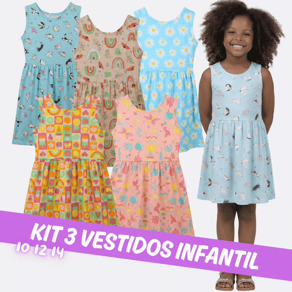 Kit 3 Vestido Infantil Verão Menina Estampado Personagem 100% Algodão Fresco Rodado Floral 10 12 14
