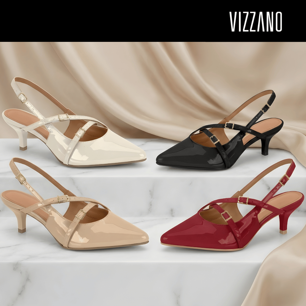 Scarpin Feminino Vizzano Slingback Verniz Bico Fino Salto Baixo 5cm Sofisticado