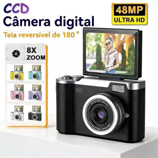 Câmera digital com zoom 4K CCD 8x, adequada para fotografia estudantil, compacta de 48MP, tela flip selfie de 180° em Oferta na Shopee