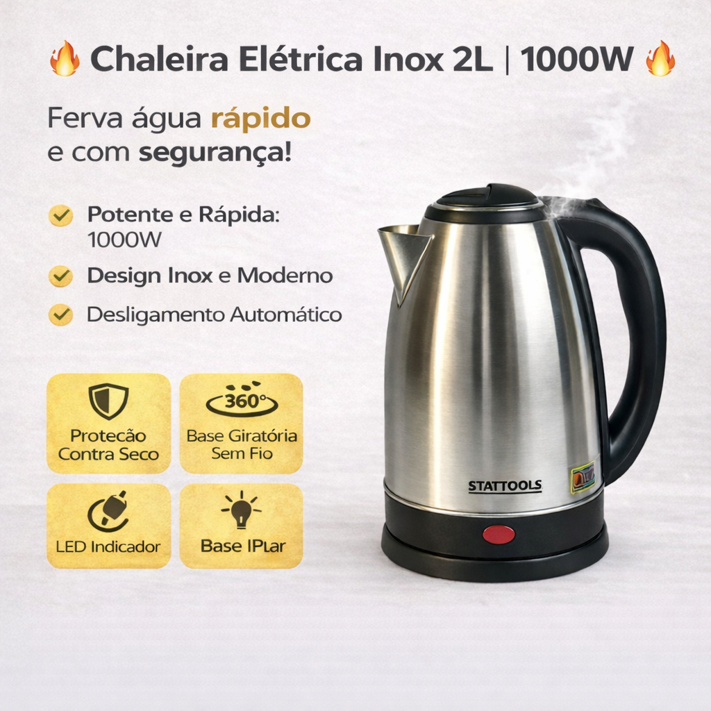 Chaleira Jarra Elétrica Inox 2L 127v 220v Desligamento Automático Multiuso Silenciosa Rápida Segura em Oferta na Shopee