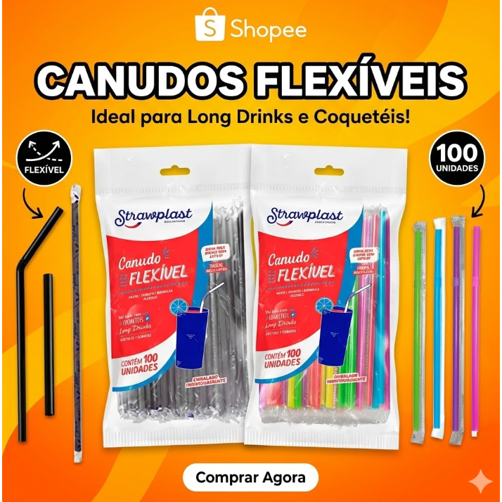 Canudo Flexível com Sachê Individual 100~500 Unidades Colorido Preto Canudo Flexível com Sachê Individual 100~500 Unidades Colorido Preto
