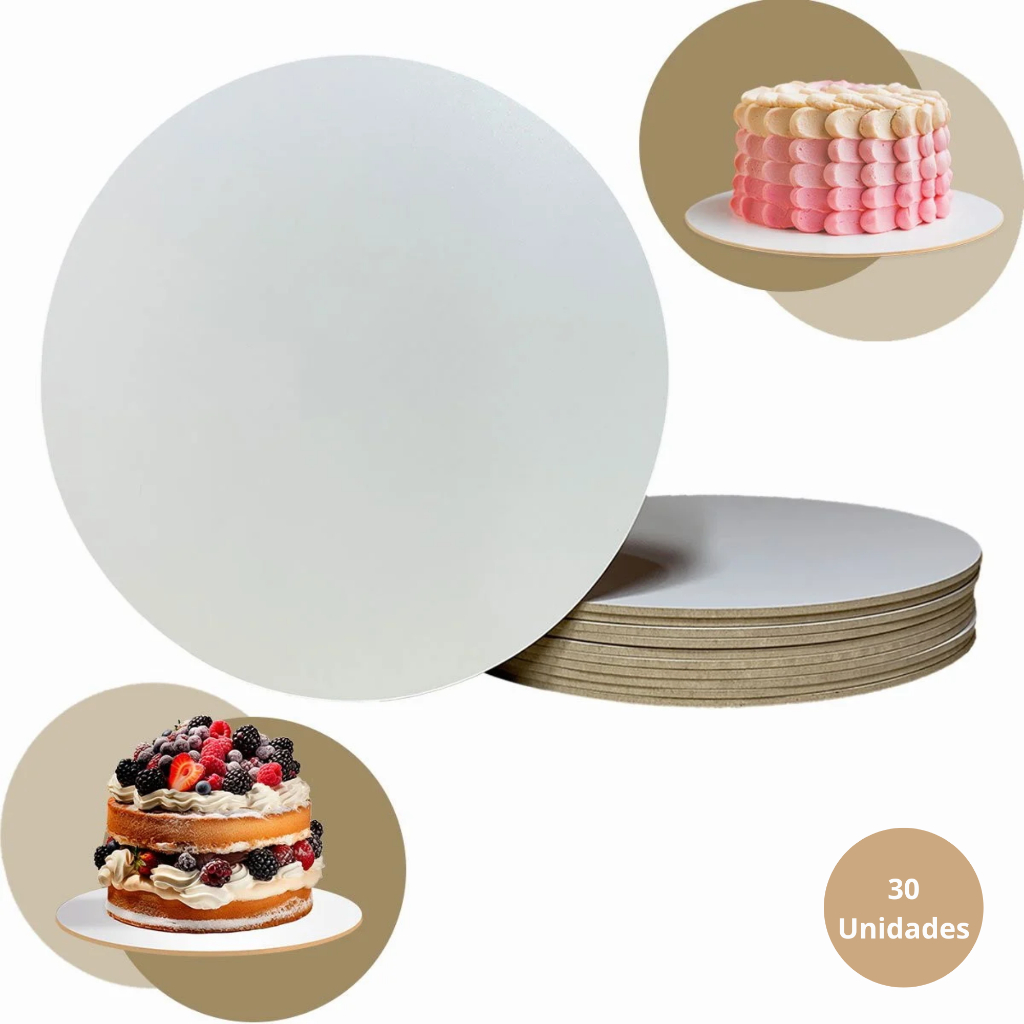 Kit 30 Cake Board 25cm PREMIUM MDF 3mm Redondo de Bolo Tabuleiro Confeitaria + Chaveiros Confeitaria em Oferta na Shopee