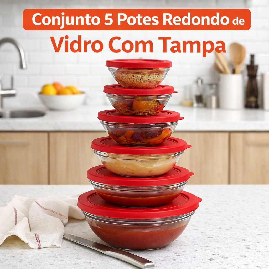 Conjunto com 5 potes de vidro redondos com tampa tamanhos variáveis e multi utilidade