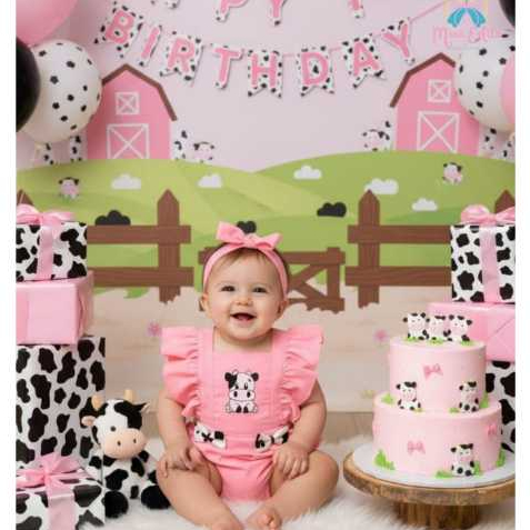 Romper, salopete roupa da vaquinha bebe menina  temático Mesversário + laço vaca