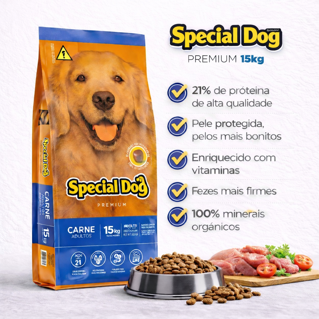 RAÇÃO SPECIAL DOG PREMIUM TODOS OS TAMANHOS SABOR CARNE 15KG em Oferta na Shopee