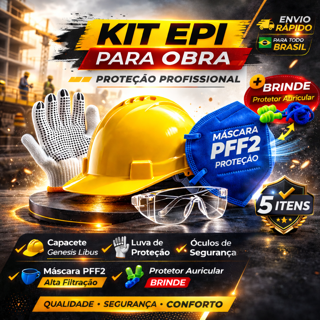 KIT OBRA COMPLETO - EPIs PEDREIRO - GANHE BRINDE: PROTETOR PLUG - CAPACETE, ÓCULOS, LUVA, MÁSCARA