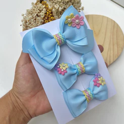 kit 3 Laços Infantil no Bico de Pato com Flores/ Presilha Delicada para Meninas Cores Candy Color