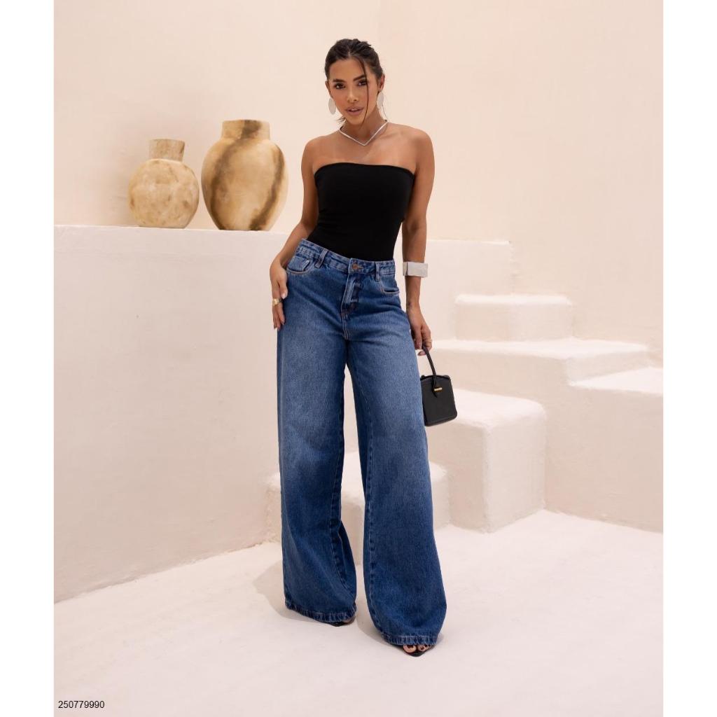 Calça Jeans Wide Leg Feminina Relaxed Cintura Baixa 29909 Sky Escuro