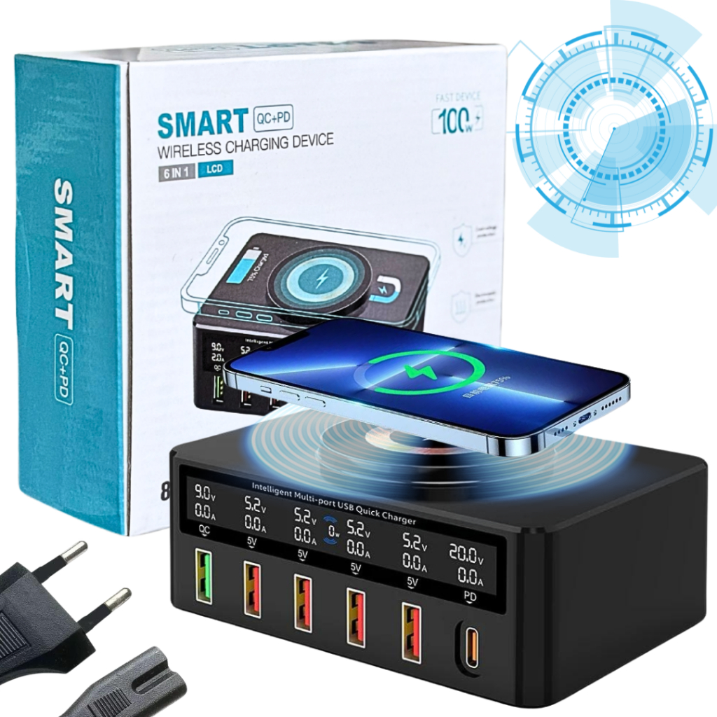 Carregador Usb Fast Charger Inteligente Rápido 6 Portas Bancada Indução 65W Bivolt 1 Entrada Tipo C 1 Profissional