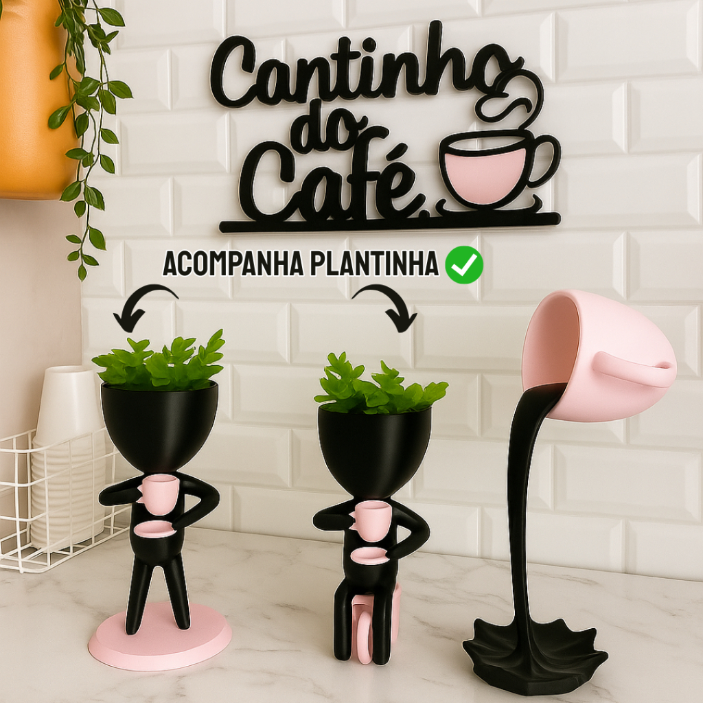 Kit cantinho do café , decoração minimalista e elegante , com 2 bobs , placa e plantinha inclusa