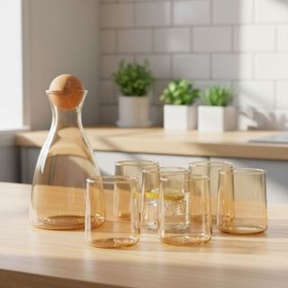 Jarra de Agua e Suco Vidro com Tampa de Bambu 1,7 Litros Kit 6 Copos de Vidro 280ml Luxo Mesa Posta em Oferta na Shopee