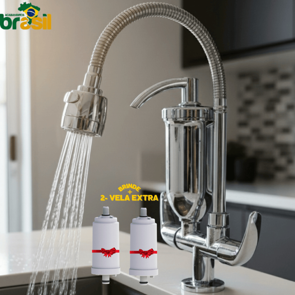 Torneira filtro inox cozinha bancada prata metal cromado refil carvão ativado pro saude