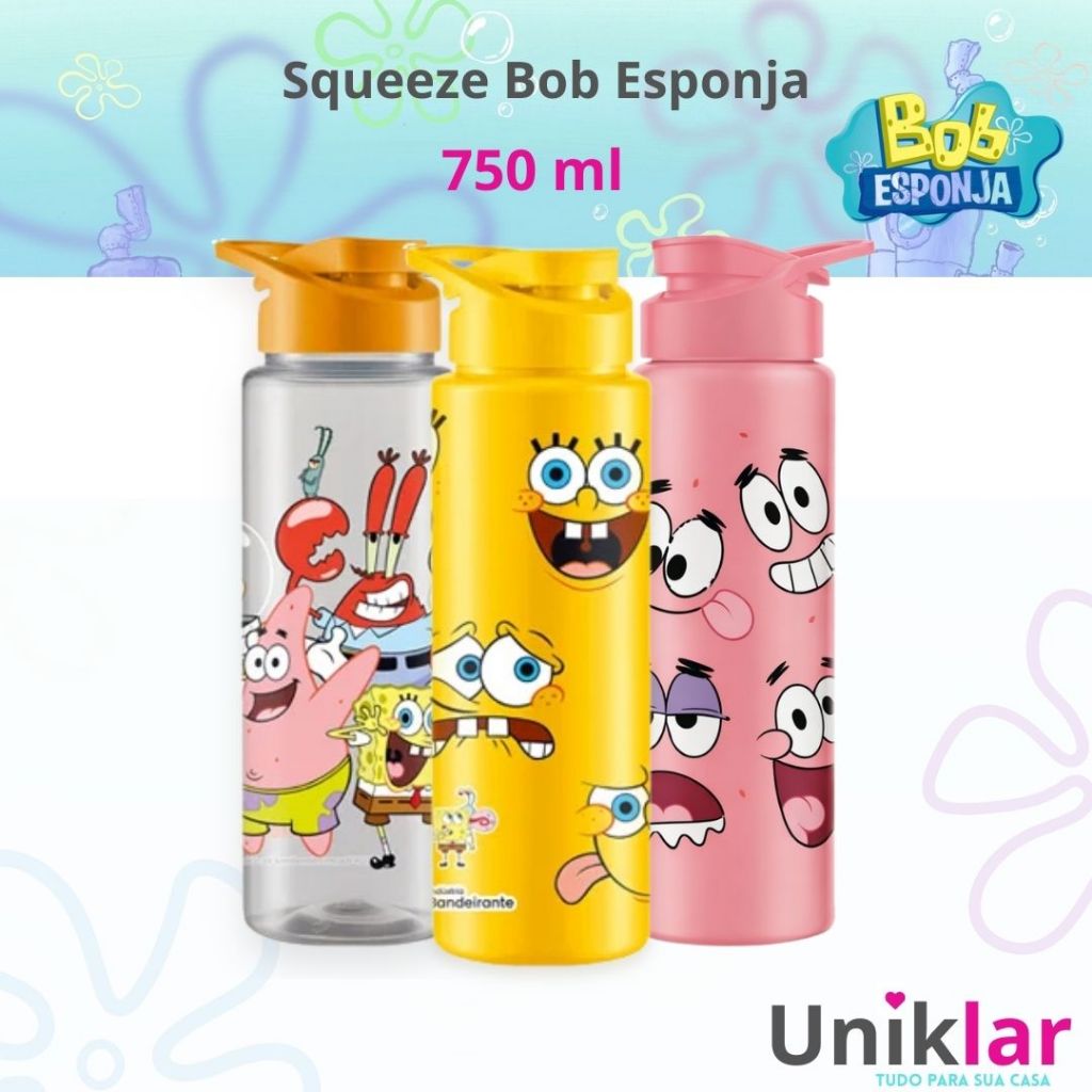 Garrafa Squeeze Plástico Infantil Personagem Bob Esponja com Tampa e Alça 750ml em Oferta na Shopee