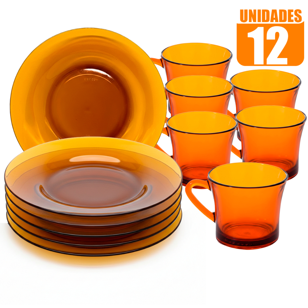 Kit 12 peças - sendo 06 Pratos Fundo Ambar de Vidro + 06 Xícaras de Cha e Cafe Sino Ambar 200ml