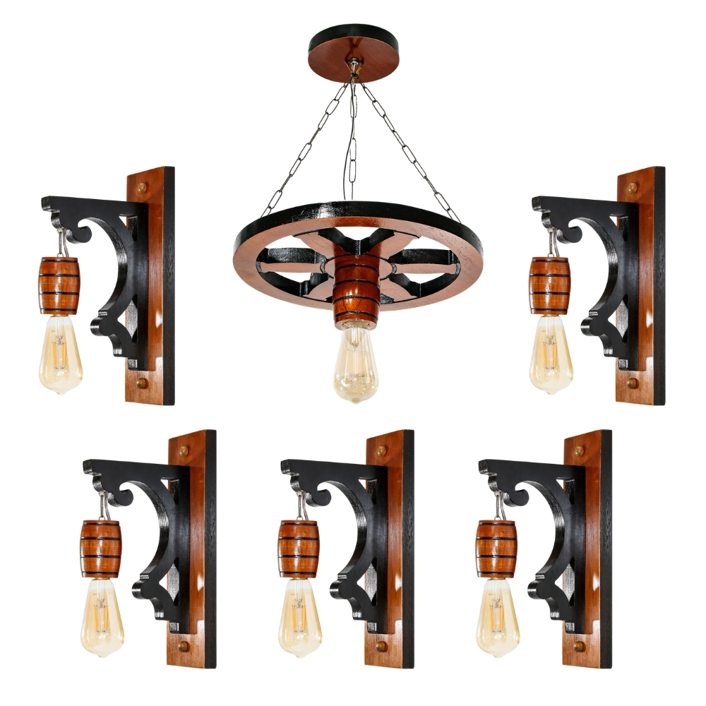 Kit 6 Luminárias Pendente Roda de Carroça e Luminárias Arandela Clássica Para Decoração - Mogno