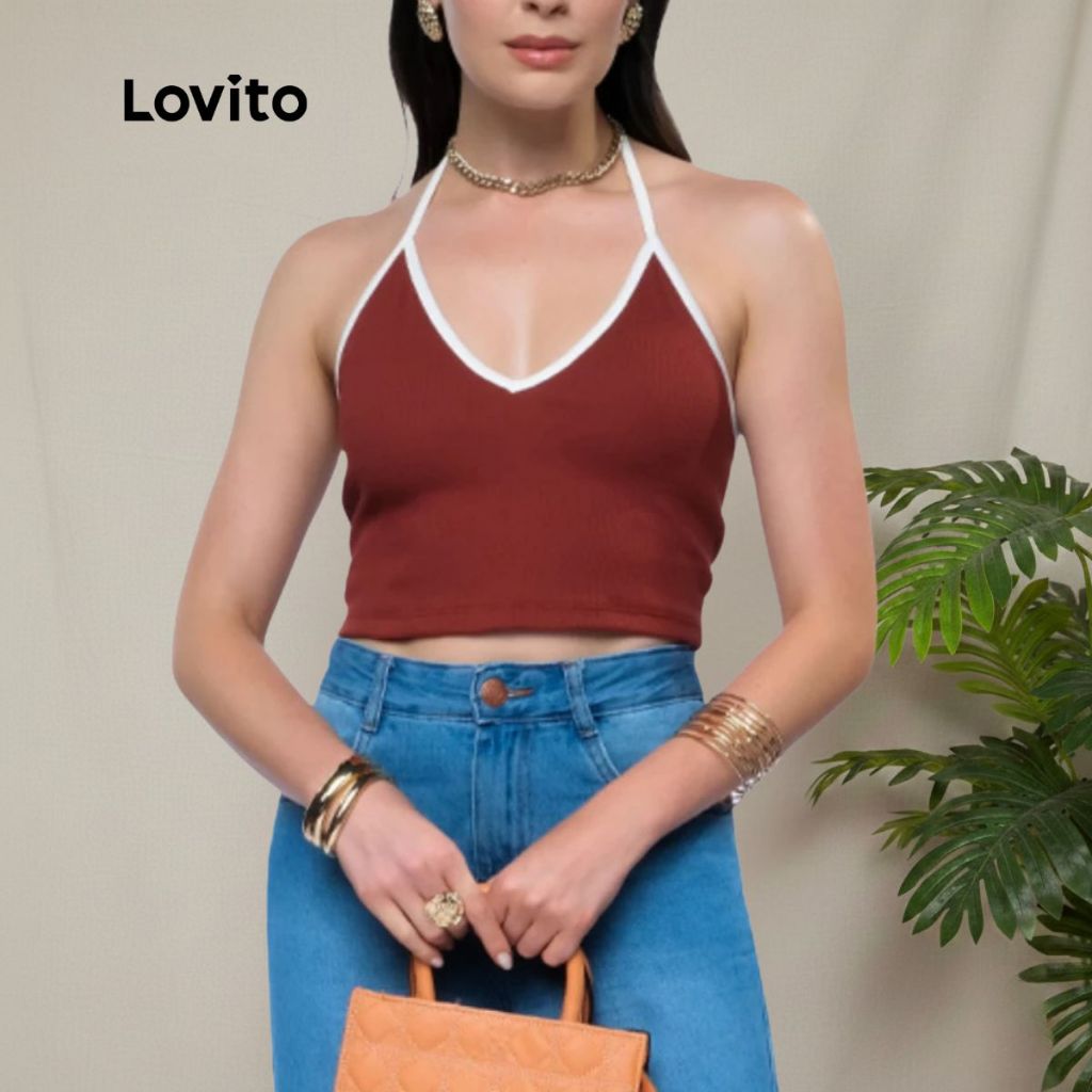 Lovito Top Decote V Basico Marrom Moda Feminina Com Amarração de Malha LB969BRL999 em Oferta na Shopee