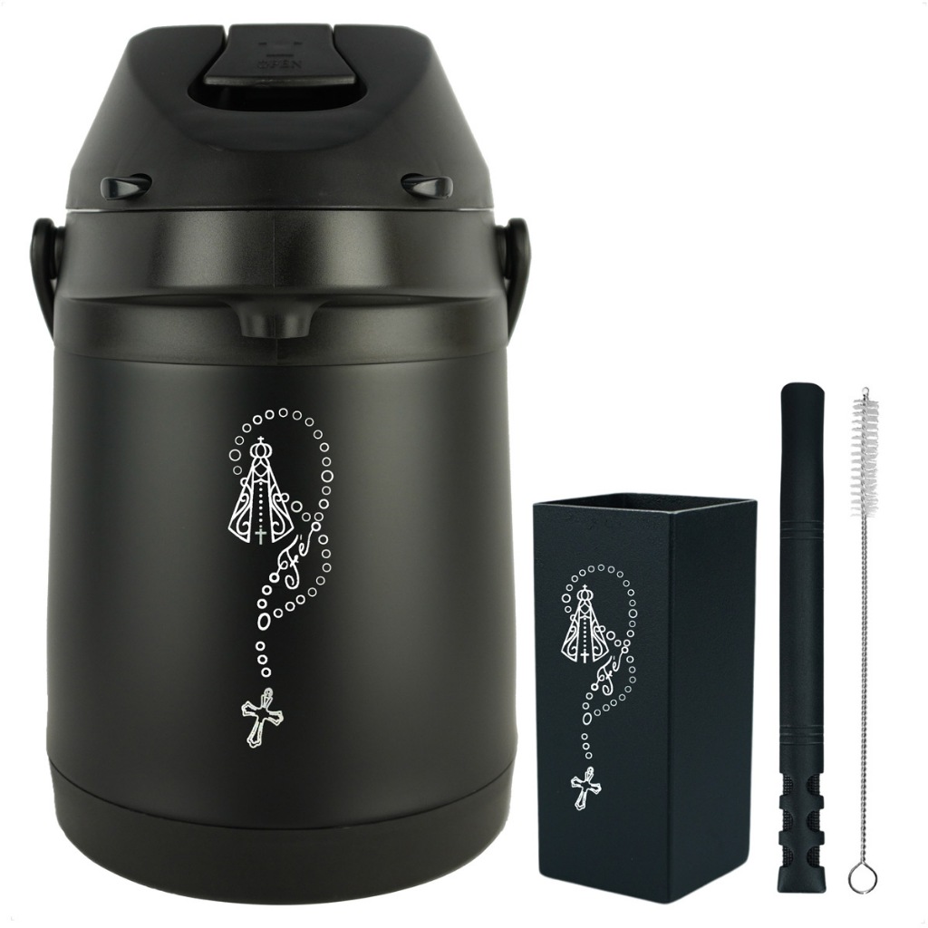 Kit Tereré Copo Bomba Garrafa Térmica Preto 2.5l Rosário Santa Personalizados