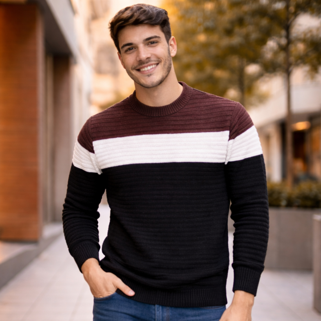 Sueter tricot masculino casaco blusa de frio gola redonda alta qualidade manga longa em Oferta na Shopee