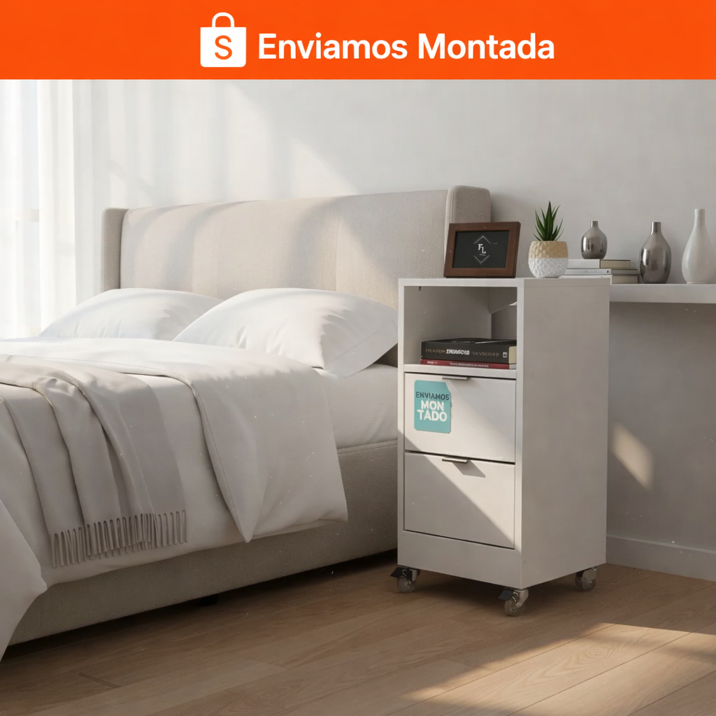 Mesa de Cabeceira Branca 2 Gavetas 30cm MDF com Rodinhas Vai Montada FL Decor