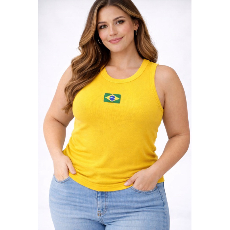 Blusa Cropped Brasil Torcedora Copa Do Mundo Regata Gola U Plus Size