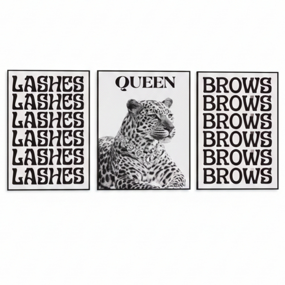 Quadros Decorativos Cílios Sobrancelhas Queen Leopardo Kit Studio Beleza Maquiagem Salão (3 peças)