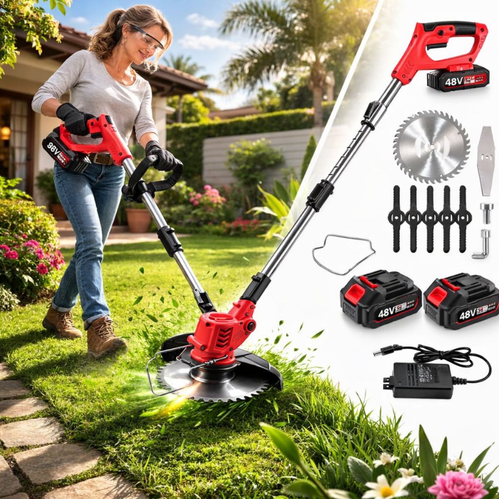 Cortador 48V Aparador De Grama e Roçadeira Elétrica 48V 2 Baterias Longa Duração + Kit de Acessórios