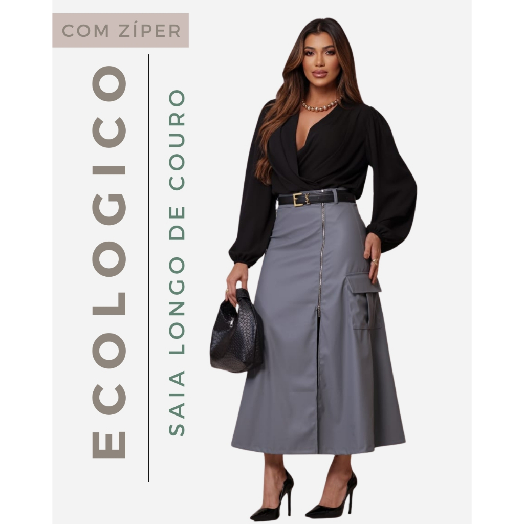 SAIA LONGA DE COURO ECOLÓGICO CINTURA ALTA TEM BOLSO CARGO NA LATERAL ZÍPER QUE REGULA em Oferta na Shopee