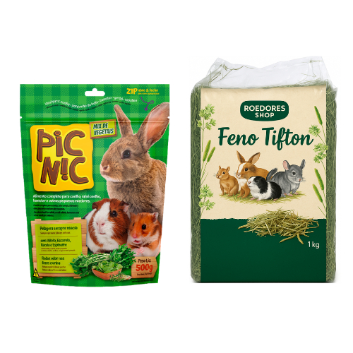 Kit Alimentação Feno Fresco 1kg + Ração Pic Nic Mix de vegetais Para Coelhos Porquinhos Da India Chinchilas De Estimação