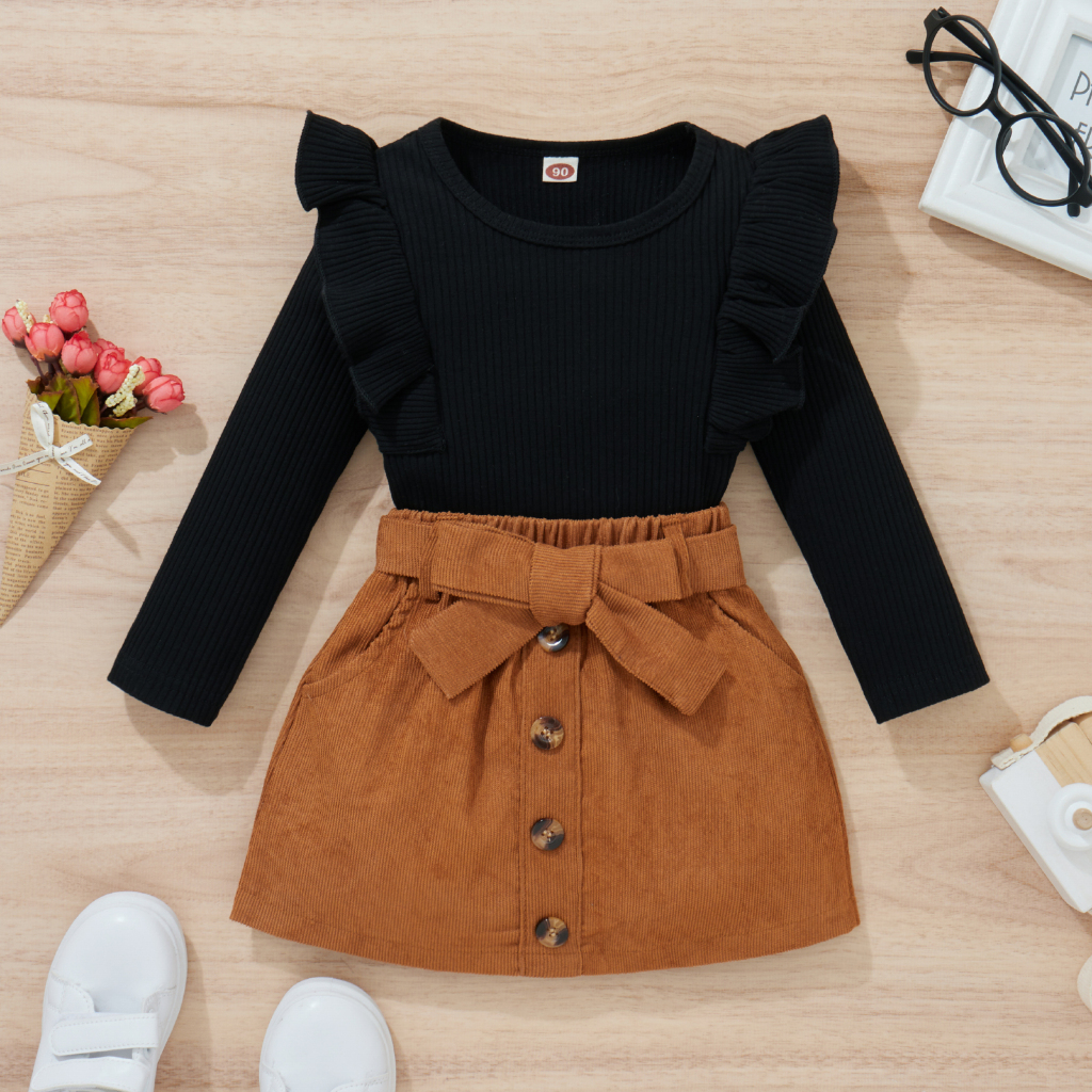 Moda Infantil Feminina - Conjunto Infantil Menina com Saia e Blusa de Manga Modelo de Inverno Saia Camurça