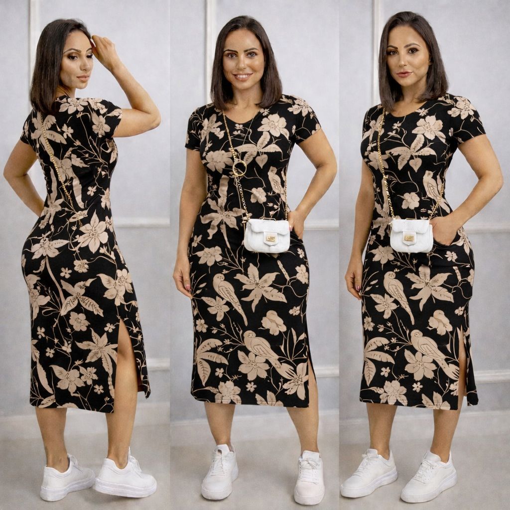 Vestido Midi estampado e liso moda verão feminino