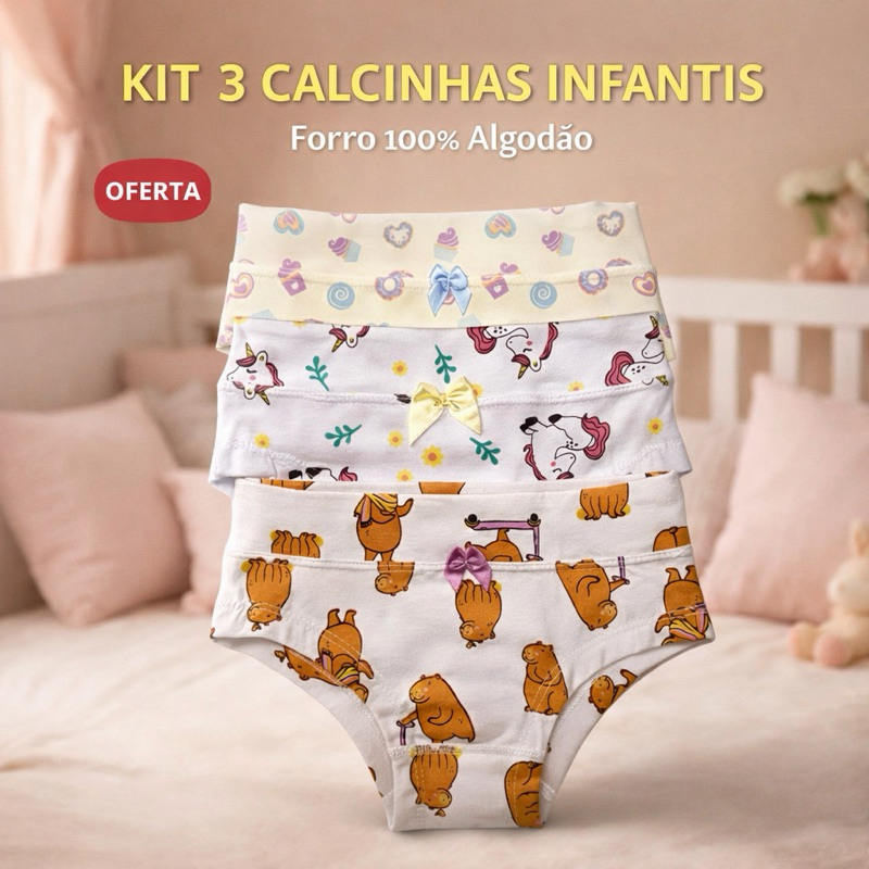 Kit 3, 6 ou 9 Calcinhas Infantis Menina Moça em Algodão | Cós Largo e Elástico Reforçado | Conforto para o Dia a Dia