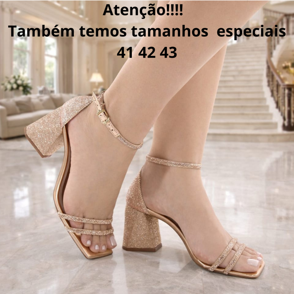 Sandália Feminina Tamanho Grande Cobre Salto Bloco Glitter Tendência Tiras Strass Moda Blogueira