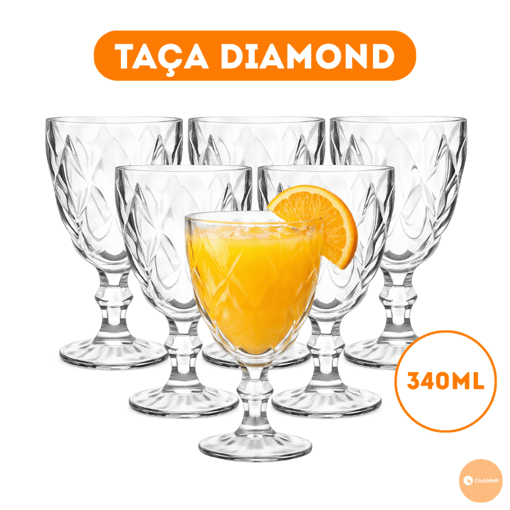 Kit 3/6/12 Taças Copo Diamond Vidro Premium Transparente Para Bebidas 340ml