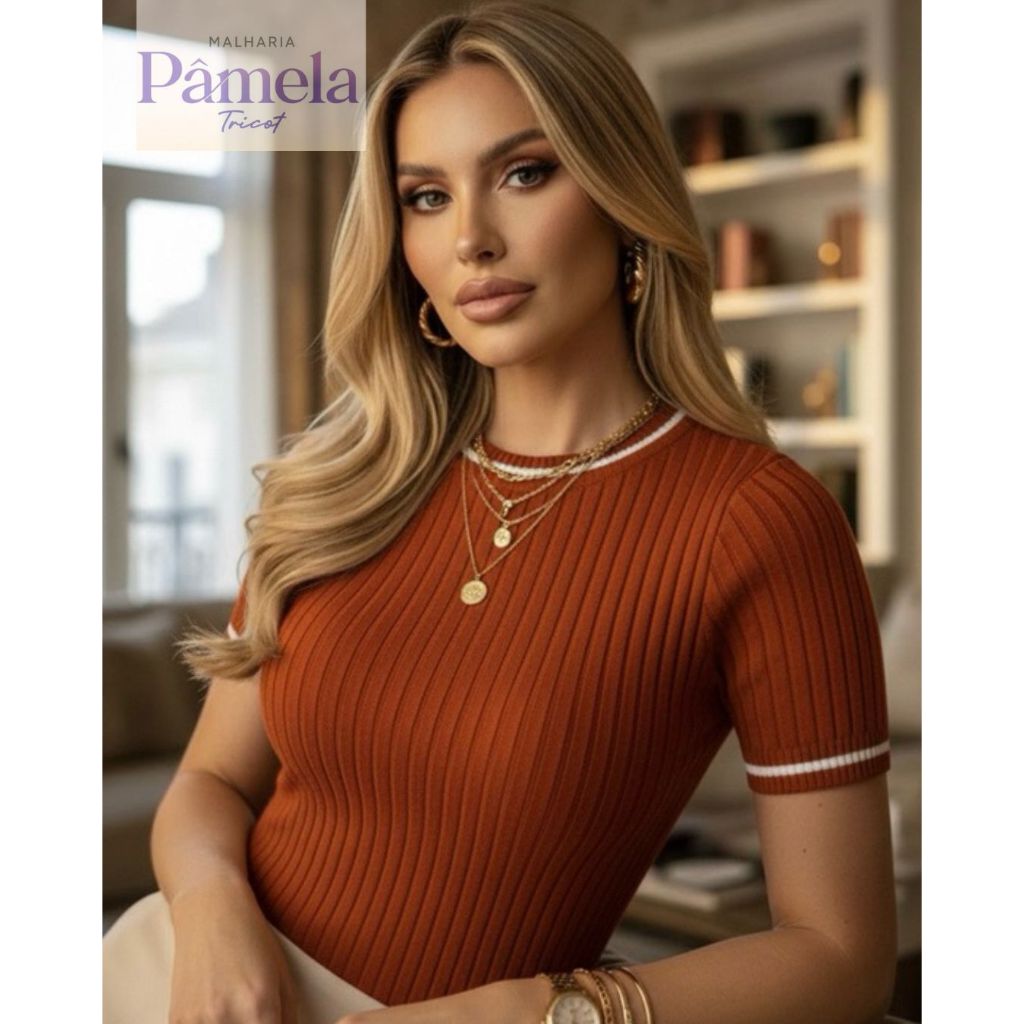 Blusa Feminina Tricot Modal Detalhe Listra Gola Redonda Manga Curta Blusinha Tricô Moda Verão