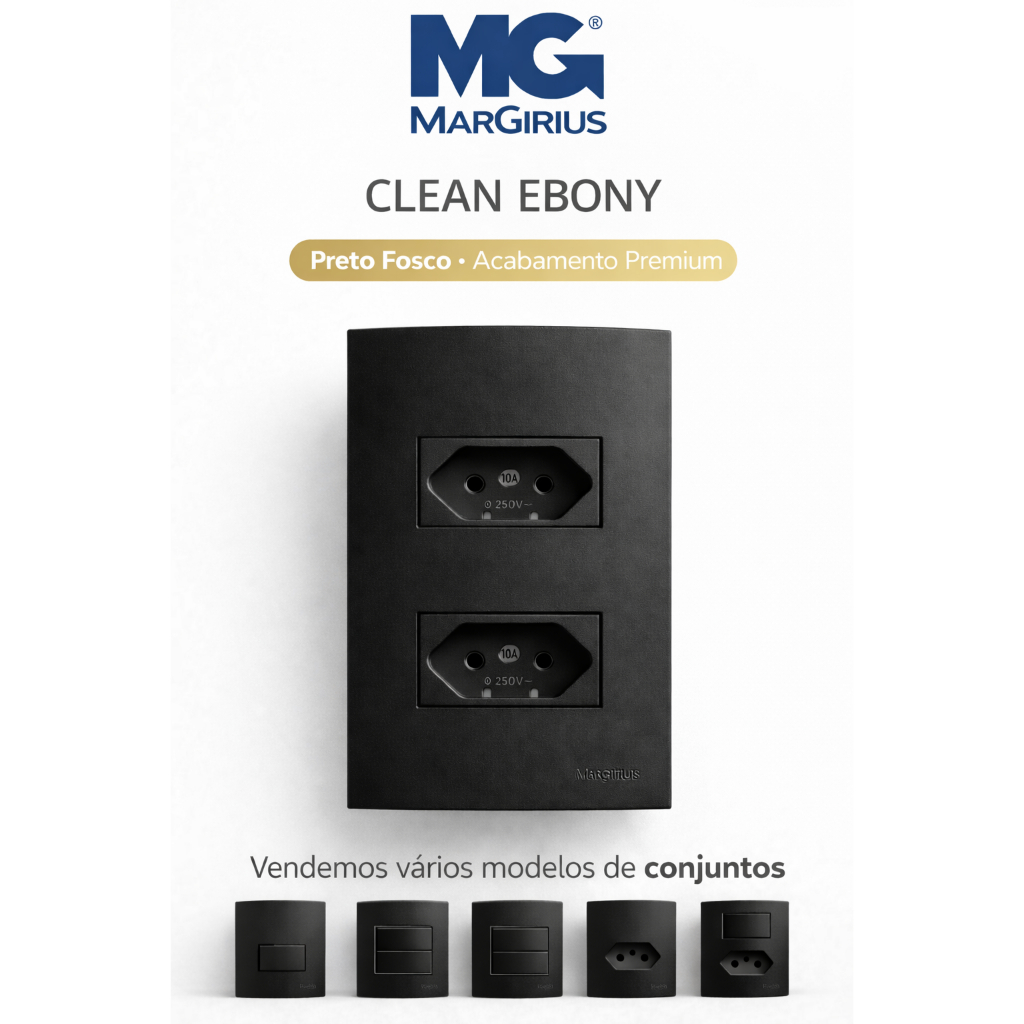 Conjunto Tomada e Interruptor Margirius Clean Ebony | Preto Fosco | Preto Acetinado Tomada 10A e 20A